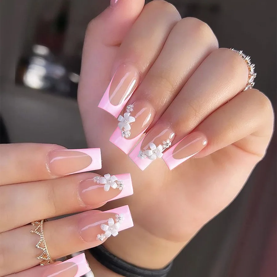 24Pcs Long Square Head Nails Set Press on White French 3D Bow Design False Nails Rhinestone Wearable Full Cover Fake Nails Tips