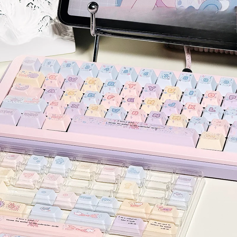 MiFuny Cute Jellyfish Theme Keycaps Set PBT Cherry Profile Keycap Customized Pink Gaming Key Caps for Mechanical Keyboards Gifts