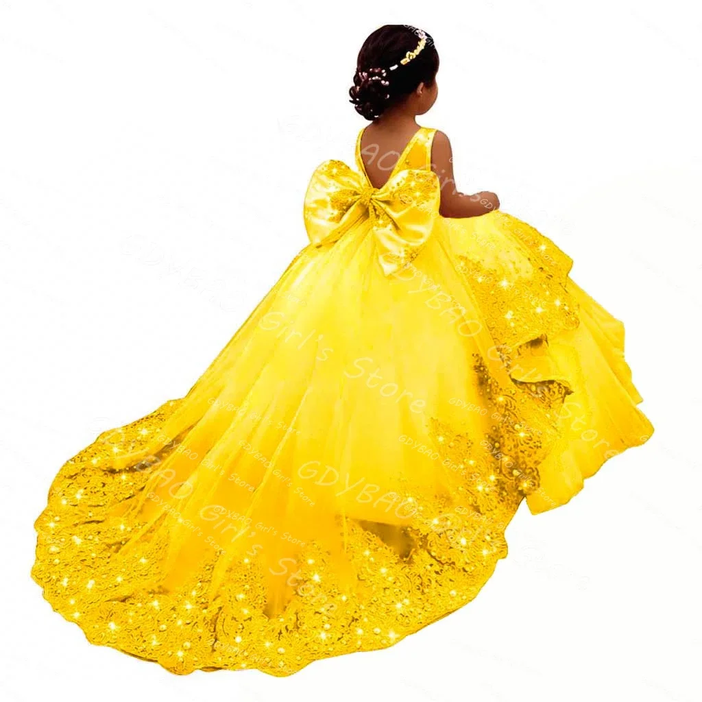 Sky Blue Princess Pageant Dress With Train 2025 Birthday Gown Kids Beaded Lace Flower Girl Dress Customized Wedding Party Frock