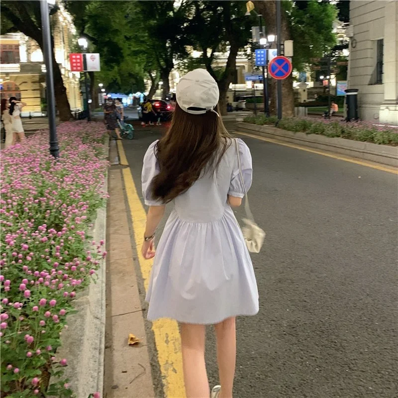 Dresses Women Preppy Sweet Simple Mini Summer Korean Style Puff Sleeve Elegant Lovely A-line Solid New Empire Ladies Casual Chic