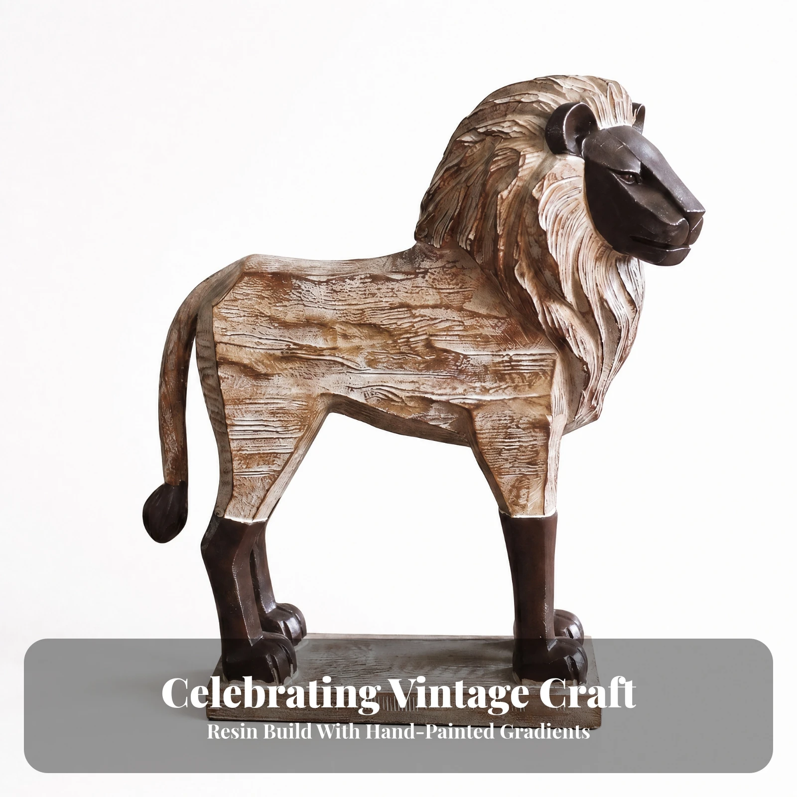 Wood-Grain Lion Figurine Sturdy Lion Statue with Rectangular Base Compact Long-Lasting for Shelf Display, Living Room Decor