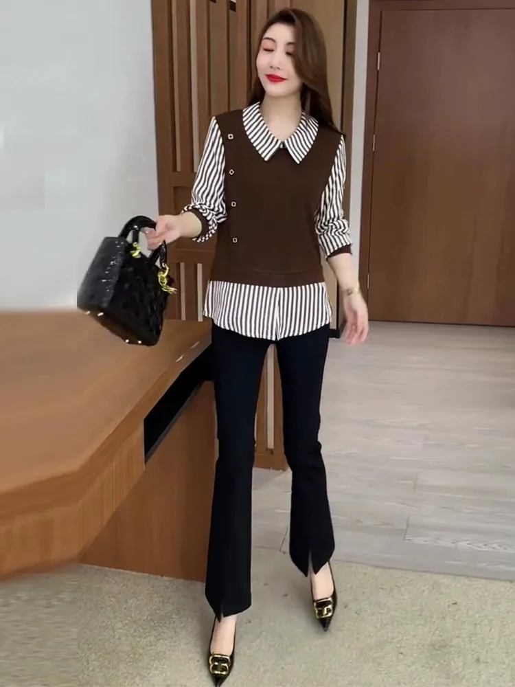 

Striped Fake Two-Piece Long Sve Doll Collar Loose Base irt Women's Spring Autumn New Sle Cover Belly Top