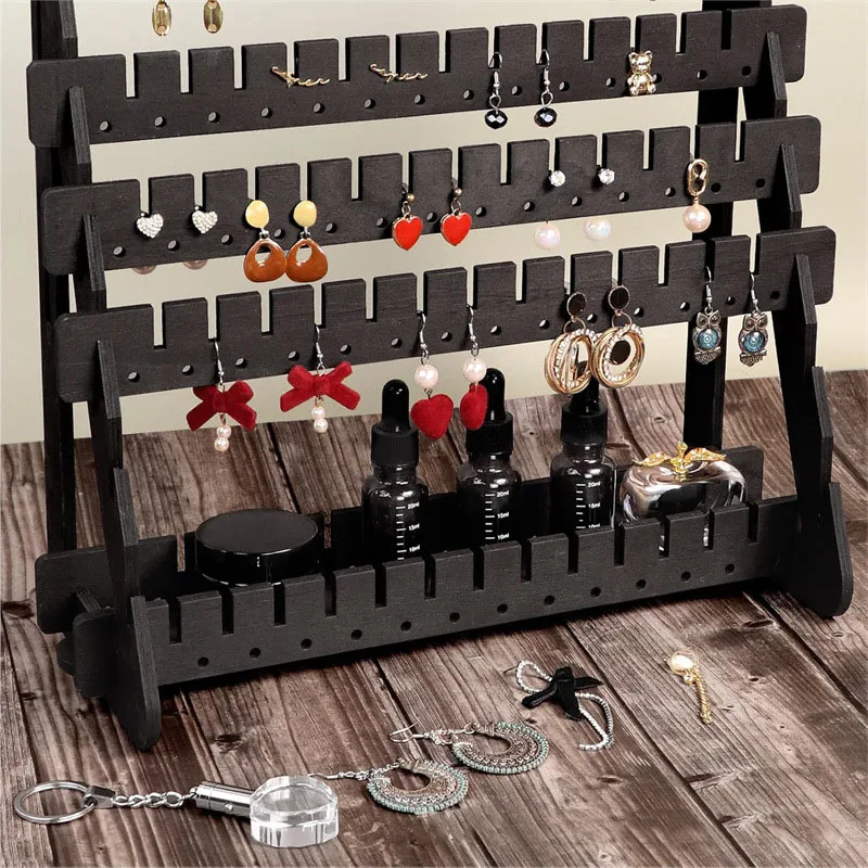 حامل أقراط خشبي متعدد الطبقات، منظم تخزين المجوهرات عالي السعة، رف عرض لغرفة المعيشة المنزلية وغرفة النوم