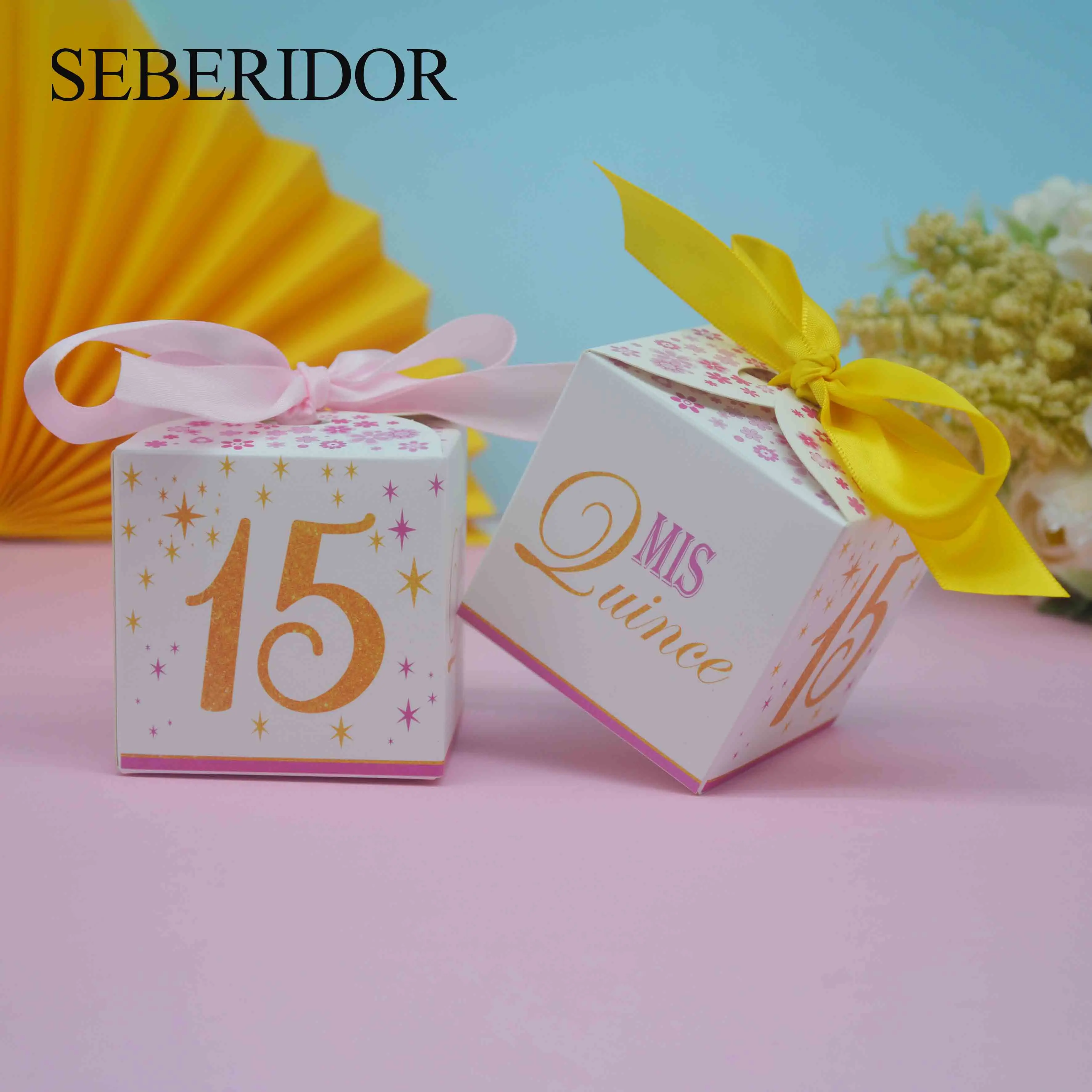

10PCS Mis Quince Party Favor Mini Square Paper Candy Box Pink White For Kids Girl 12th Birthday Bat Mitzvah Guest Gift Decor