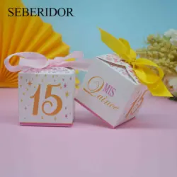 10PCS Mis Quince Party Favor Mini Square Paper Candy Box Pink White For Kids Girl 12th Birthday Bat Mitzvah Guest Gift Decor