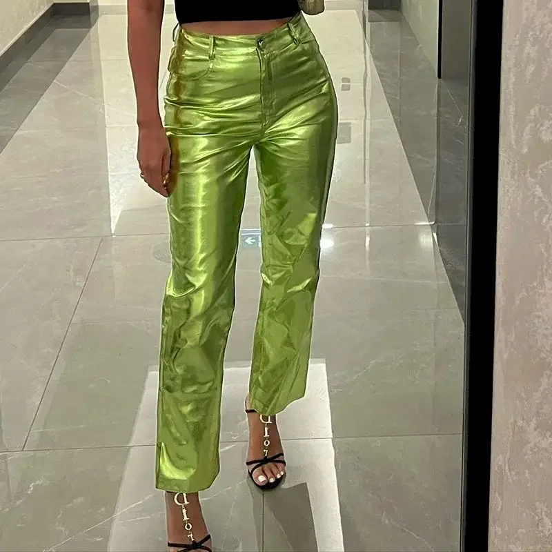 

Fashion Vintage Metallic Color PU Leather Pants Women 2023 Elegant High Waist Straight Leg Pant Streetwear Women Pants Y2k Pants