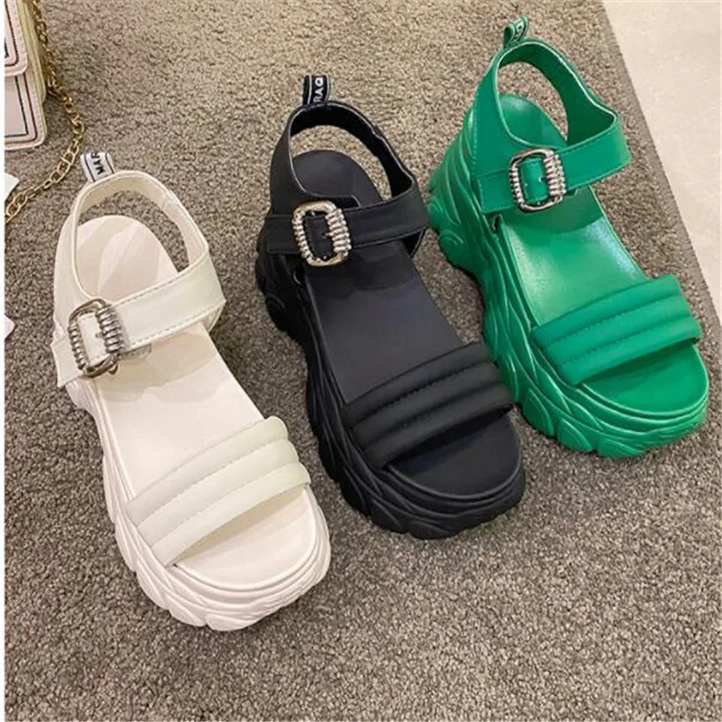 2024 Summer Green Metal Buckle Platform Sandals Women Adjustable Wedge High Heels 8cm Chunky Sole Sports Beach Slides