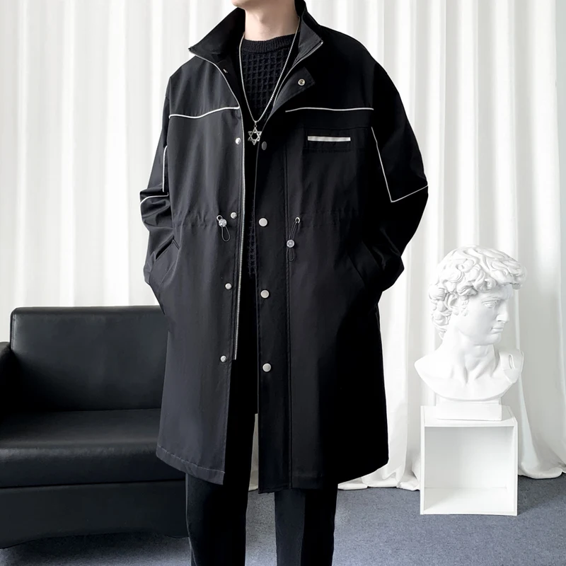 Fashion black Loose Cargo Jacket Long Trench Coat Jacket Streetwear Male Hooded Jackets Mid-length Windbreaker Overcoat Male