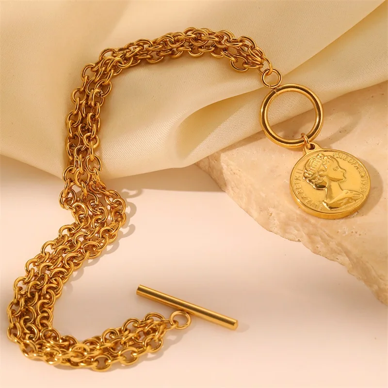 EILIECK 316L Stainless Steel Gold Color Portrait Coin Charm Bracelet Trendy Wrist Chain Jewelry For Women Girl Holiday Gifts