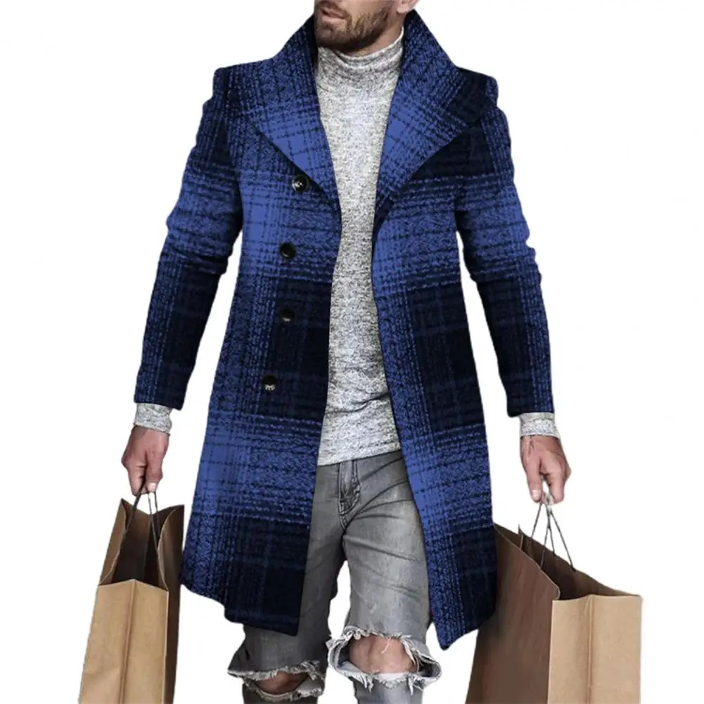 Woolen Overcoat Stylish Soft Mid-Length Coat Men Classic Plaid Print Long Type Thickened Woolen Windbreaker for Trip