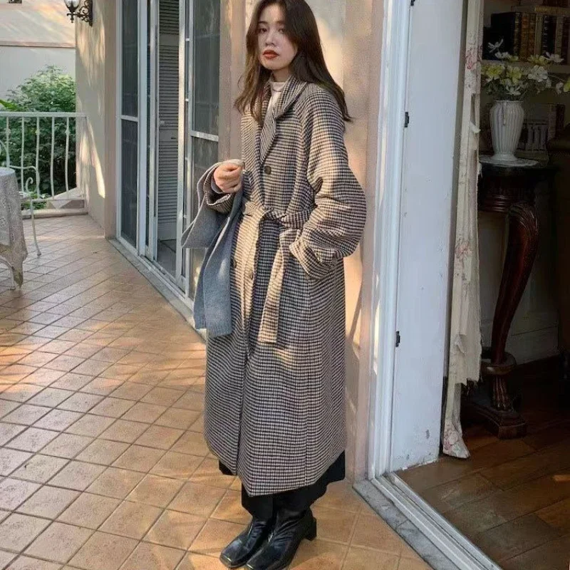 Trench coat de lã xadrez para mulheres, jaquetas longas, sobretudo quente, moda coreana, casacos, roupas femininas, outono, inverno, 2023