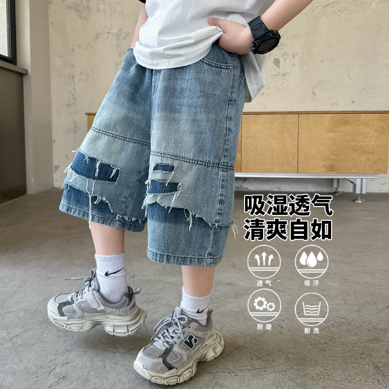New Summer Big Boy Ripped Denim Shorts Kids Designer Mid Calf Short Pants Children Stylish Cool Knee-Length Jeans Bottoms 4-15Y