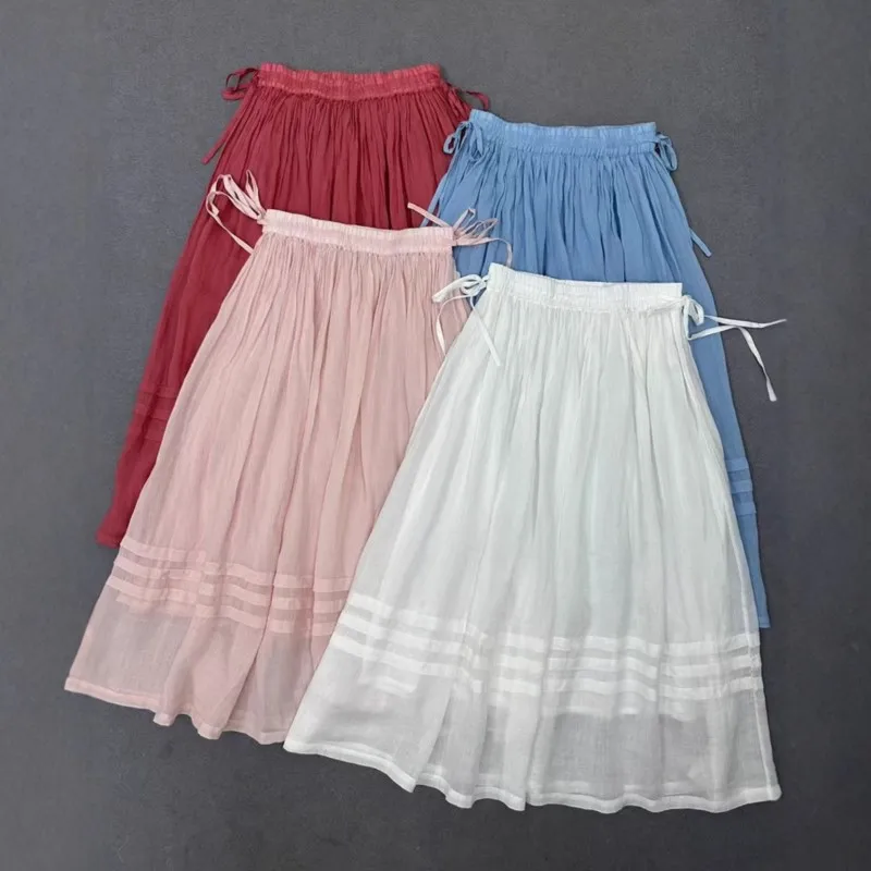 

Johnature Forest-style Ramie Half-length Skirt Spring Summer New A-line Double-layer Vintage Elastic Waist Tie Skirts