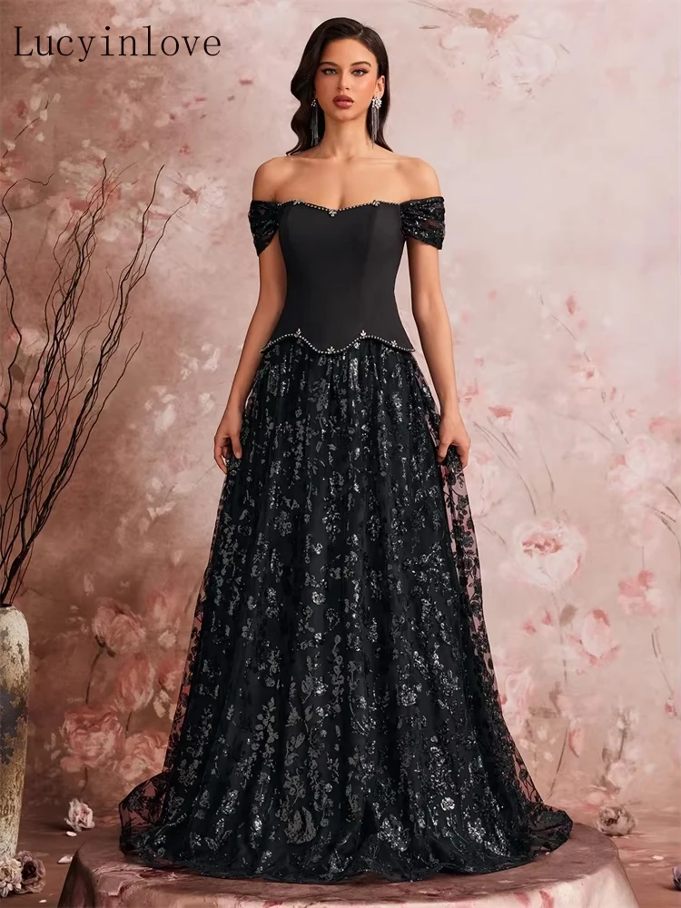 

Lucyinlove Elegant Beading Sequins Strapless Splicing Formal Evening Dress Women Sexy Off-the-Shoulder Wedding Party Guest Gowns
