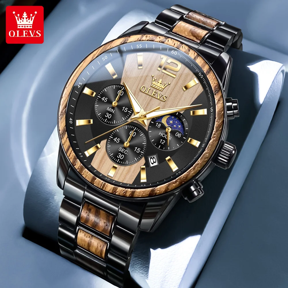 OLEVS 3645 New Mens Watch Original Luxury Quartz Watch Moon Phase Waterproof Luminous Solid Wood Date Watches For Man Reloj