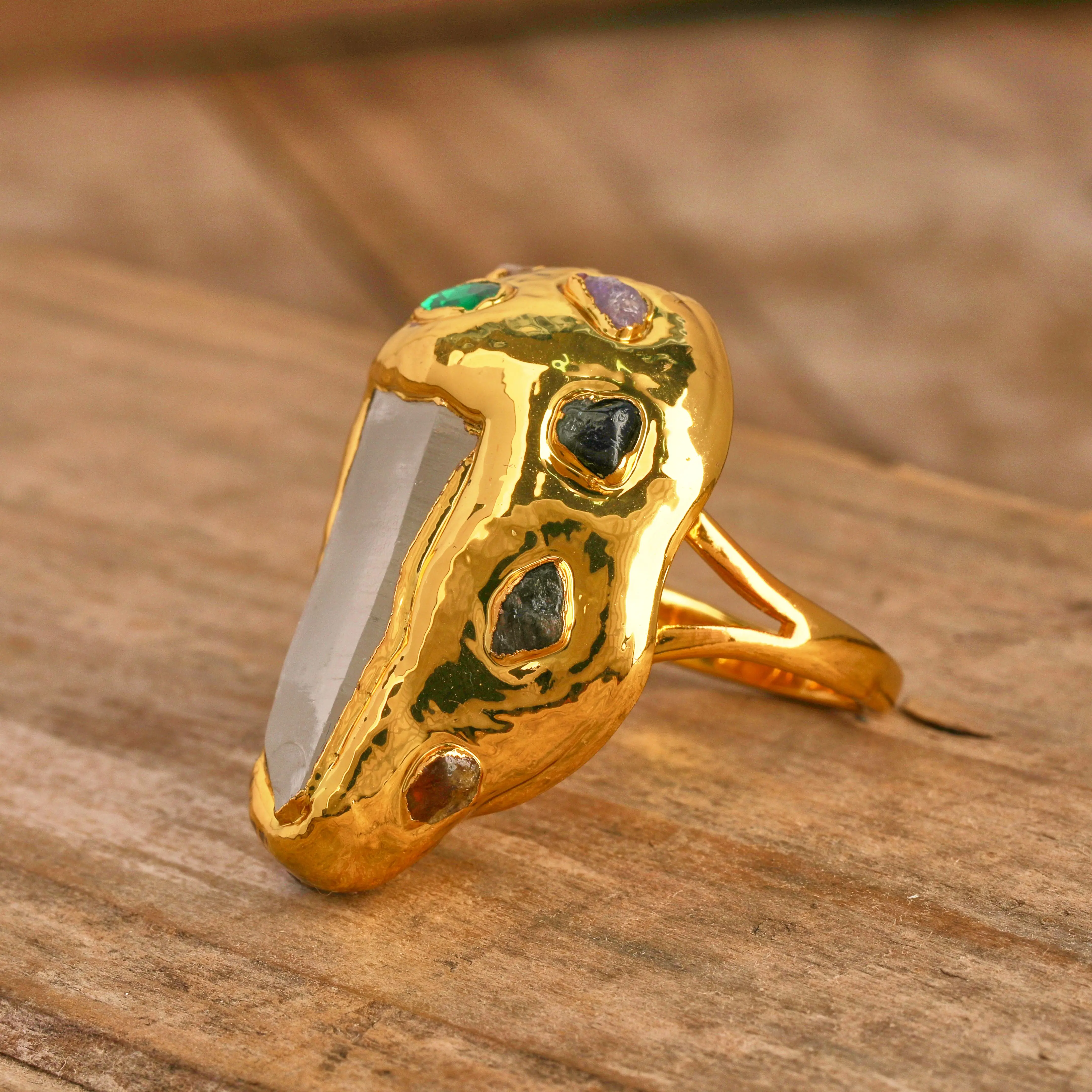 Natural Clear Quartz & Rainbow Tourmaline Inlay Gold Plated Rings Copper Jewelry for Classic Party or Gift Ideas