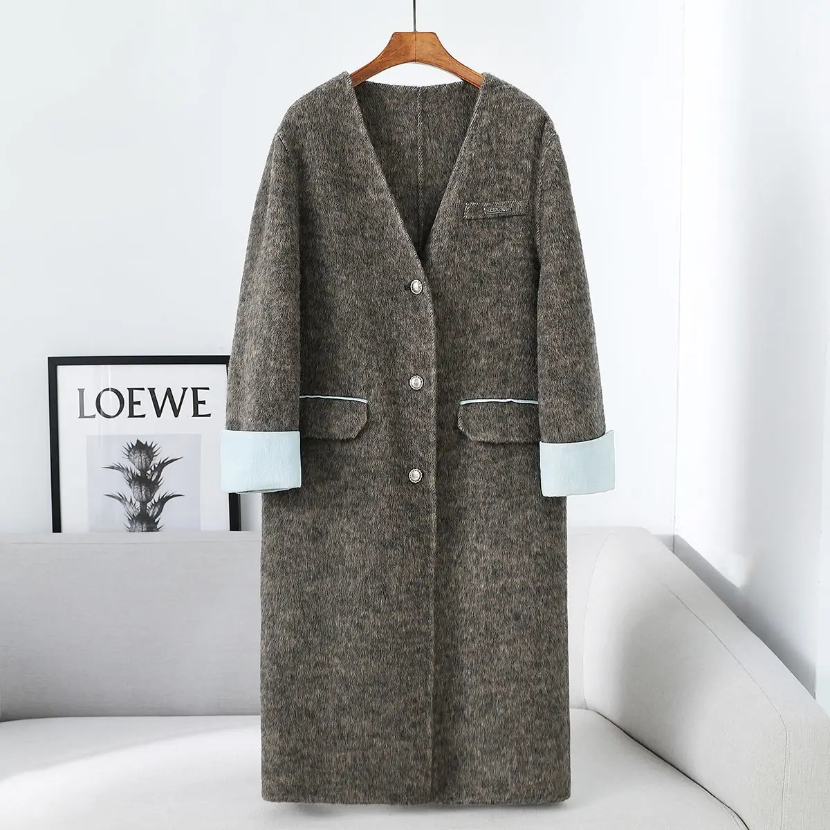 

2025 Autumn New Product 8% Mulberry Silk 85% Wool 7% Rabbit Hair Casual Long Women's Double-Sided Woolen Coat