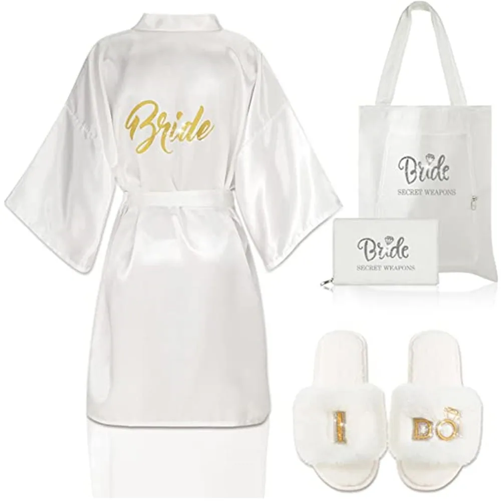 4 Pcs Bride Wedding Slippers Bridal Gifts Bride Bridesmaids Short Satin Robes Bride Tote Carry Bags