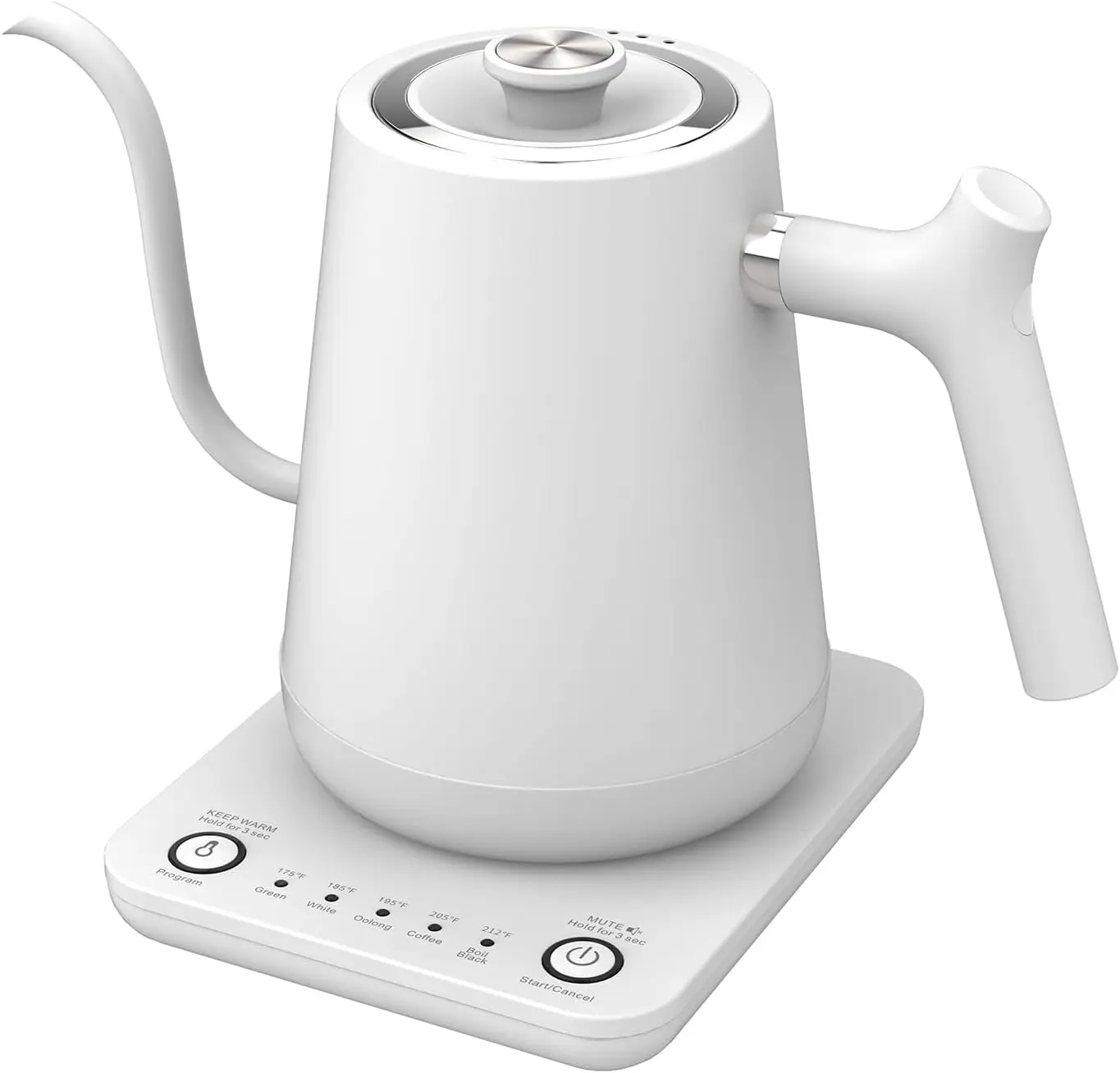 

Gooseneck Electric Tea Kettle, 1000W, 0.8L, Stainless Steel, 5 Presets, Keep Warm, Mute - Matte White