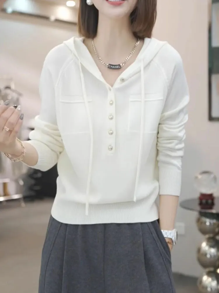 

Korean Sle Pure Color Knitted Hat Dstring Sweater Soft Comfortable Skin-friendly Casual Faion Inner Wear Top for Women