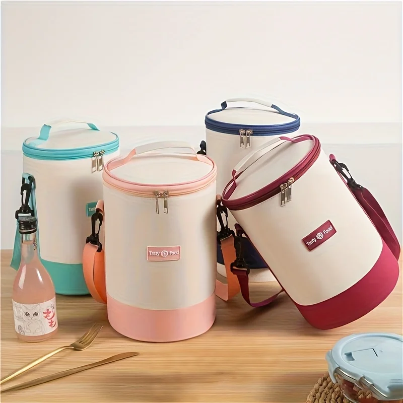 New Round Cylindrical Insulated Lunch Bag Shoulder Strap Crossbody Hand Carry Office School Picnic Non Food Contact Storage Gear