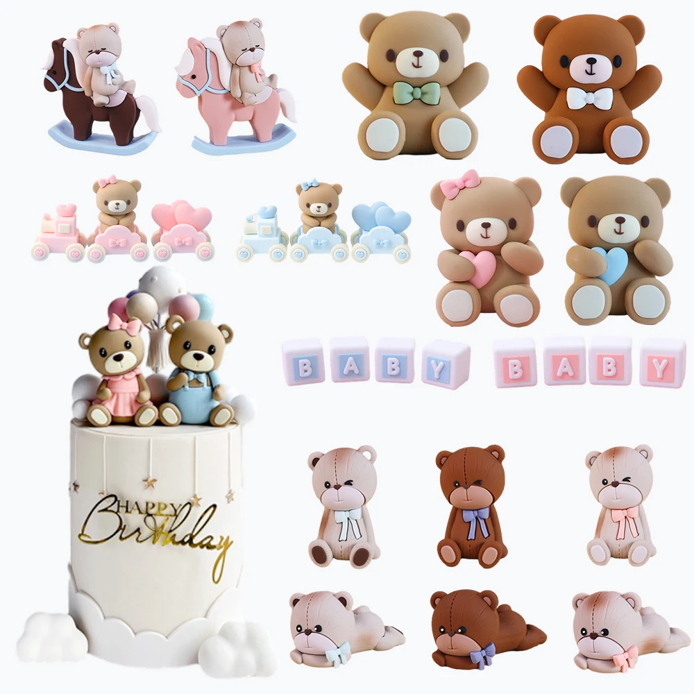 Pink Blue Bear Birthday Cake Toppers Adorable Baby's Happy One 1st Birthday Cake Baby Shower Bear Theme Party Gender Reveals
