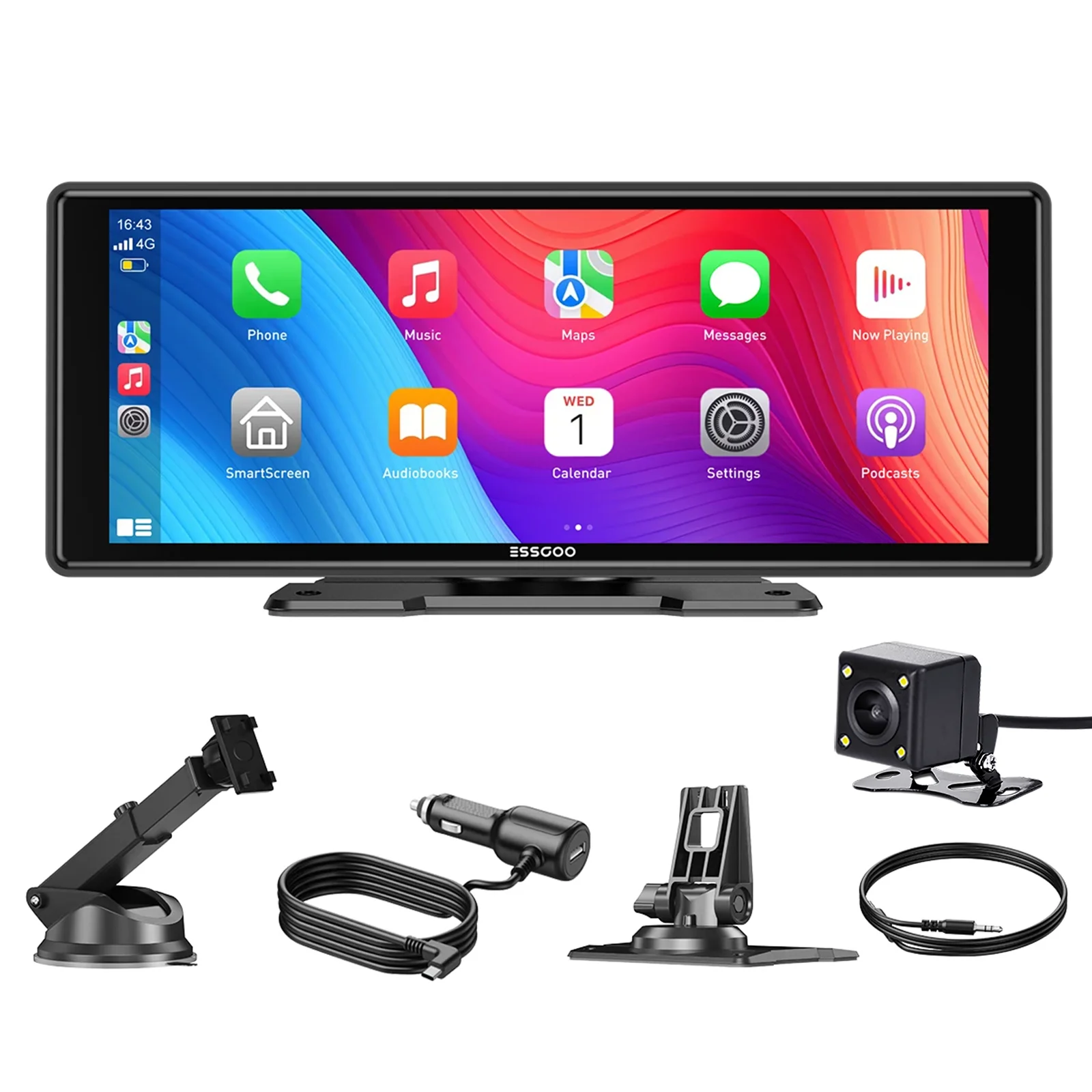 ESSGOO 10.26" Universele Draagbare Dashcam Draadloze CarPlay Android Auto 1600*600 HD Scherm GPS Navigatie Mirror Link FM USB BT AUX TF