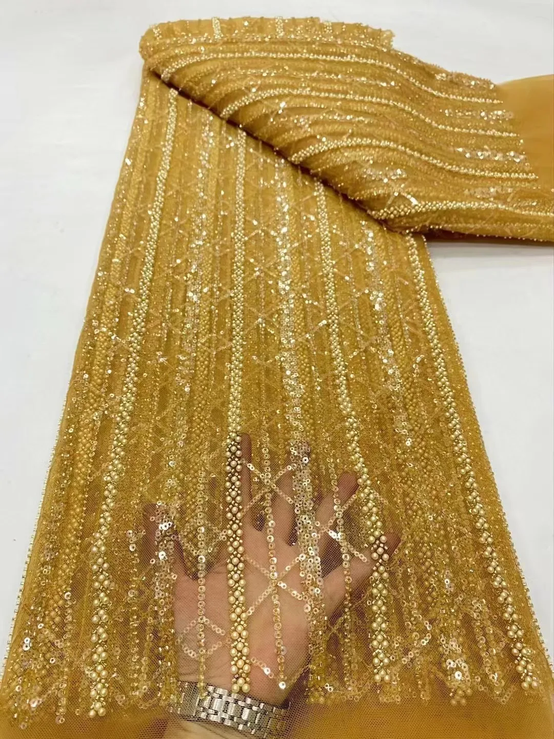 

Luxury Beaded Lace High Quality Fabrics 2024 African Sequined Tulle For Wedding Bridal Hand Beads Glitter Sequence French Net