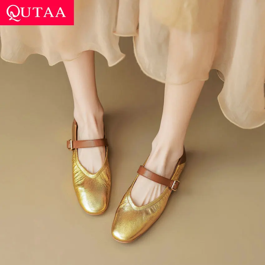 

QUTAA 2024 Summer New Women Flats Square Toe Mary Janes Casual Working Flats Soft Genuine Leather Shoes Woman Size 34-43