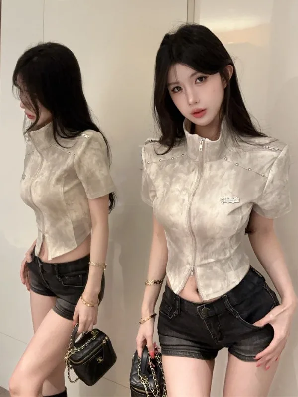 

Summer Slimming Short T-Shirt Women's Sweet Cool Waist-Cinching Zipper Short Sleeve Dyed T-Shirt Hot Girl Style Flip Collar