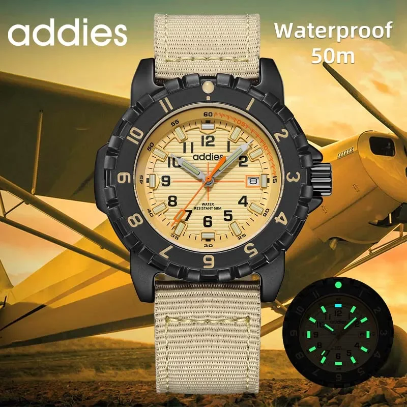 ADDIES Men Watch 25cm Nylon Strap 50M Water Resistance Luminous Tube Display Military Outdoor Sporty Quartz Wristwatch Auto Date