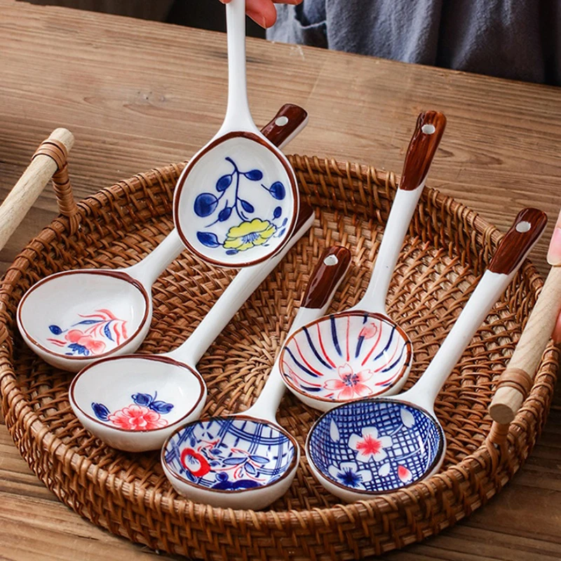 4/6Pieces Gift Set Household Ceramic Spoon Hand-painted High-value Long-handled Spoon Creative Dessert Spoon Outdoor Tableware