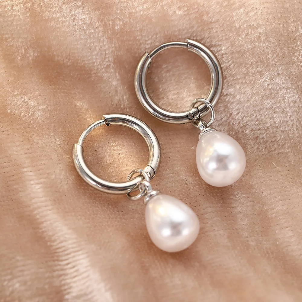 Simple Temperament Teardrop-shaped Imitation Pearl Pendant Stainless Steel Hoop Earrings for Women Daily Commuting Jewelry Gifts