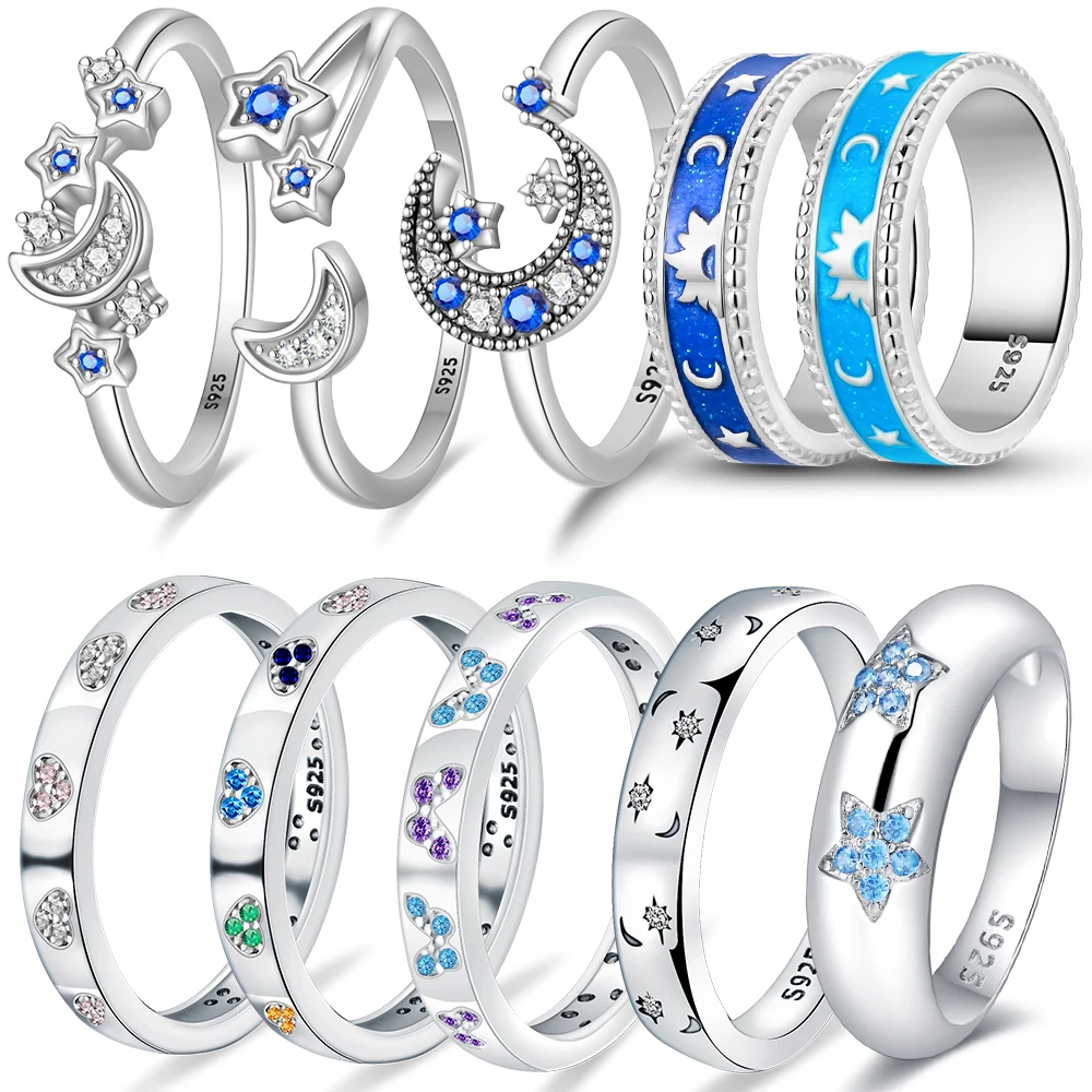 

Женское серебряное Оригинальное Стильное кольцо с ночным свечением, звездой, Луной и цветным цирконием, простое плоское кольцо, подарок на день рождения, ювелирные изделия