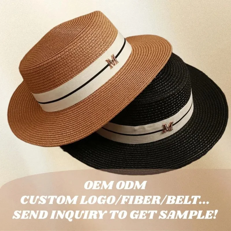 Custom Logo Women's Summer Sun Paper Braid Sombreros Flat Boater Straw Hat Cap for Fishing Travel Casual Outings