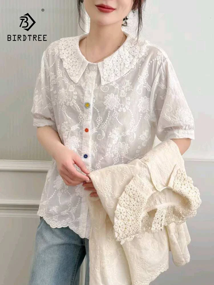 

New 2026 Summer Women Cotton Short Sleeve Shirt, Peter Pan Collar Embroidery Lace, Mori Girl Age Reduction Loose Blouse T63019CC