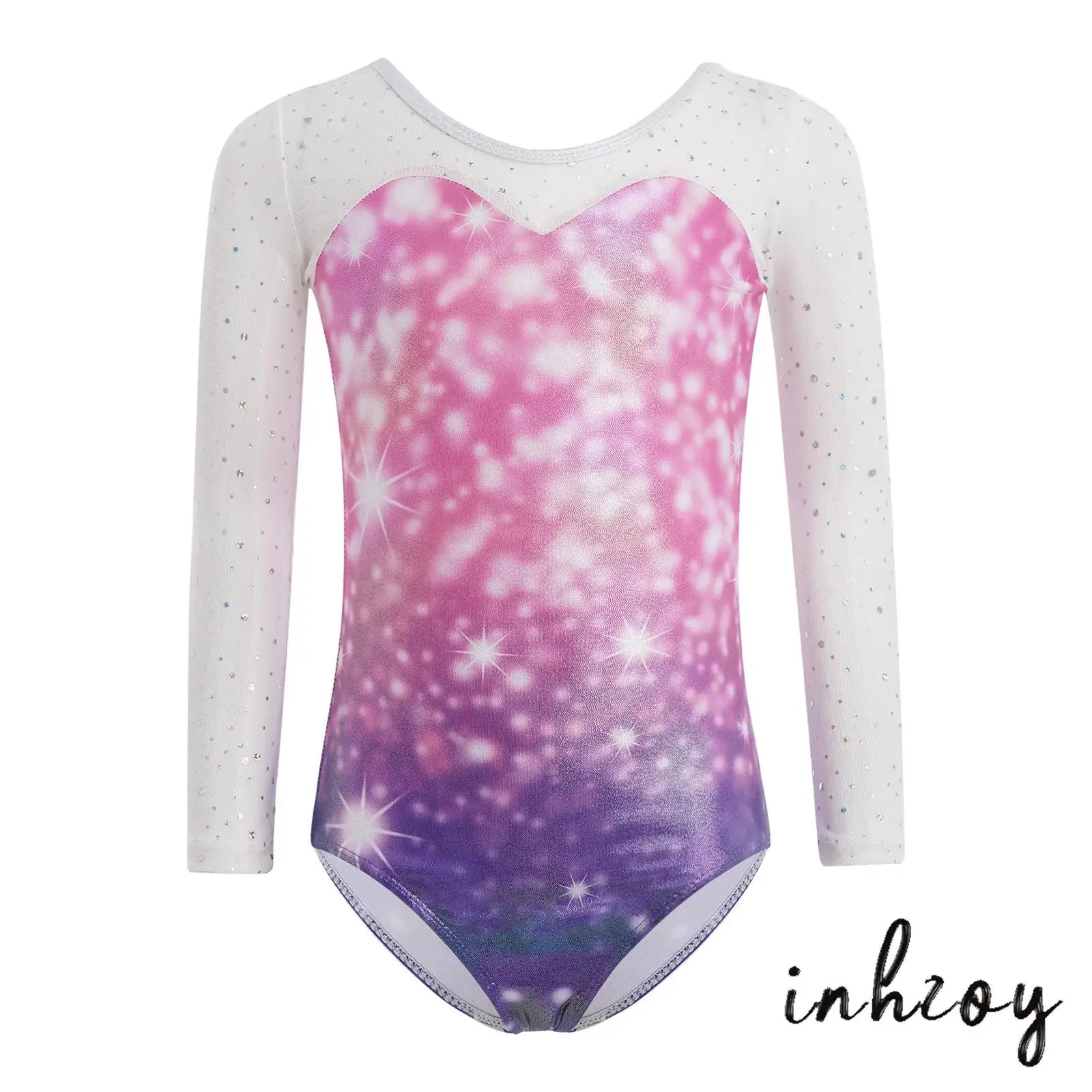 

Kids Girl Gymnastics Dance Leotard Lyrical Ballet Dance Outfit Long-sleeve Mesh Patchwork Shiny Sequin Metallic Printed Bodysuit