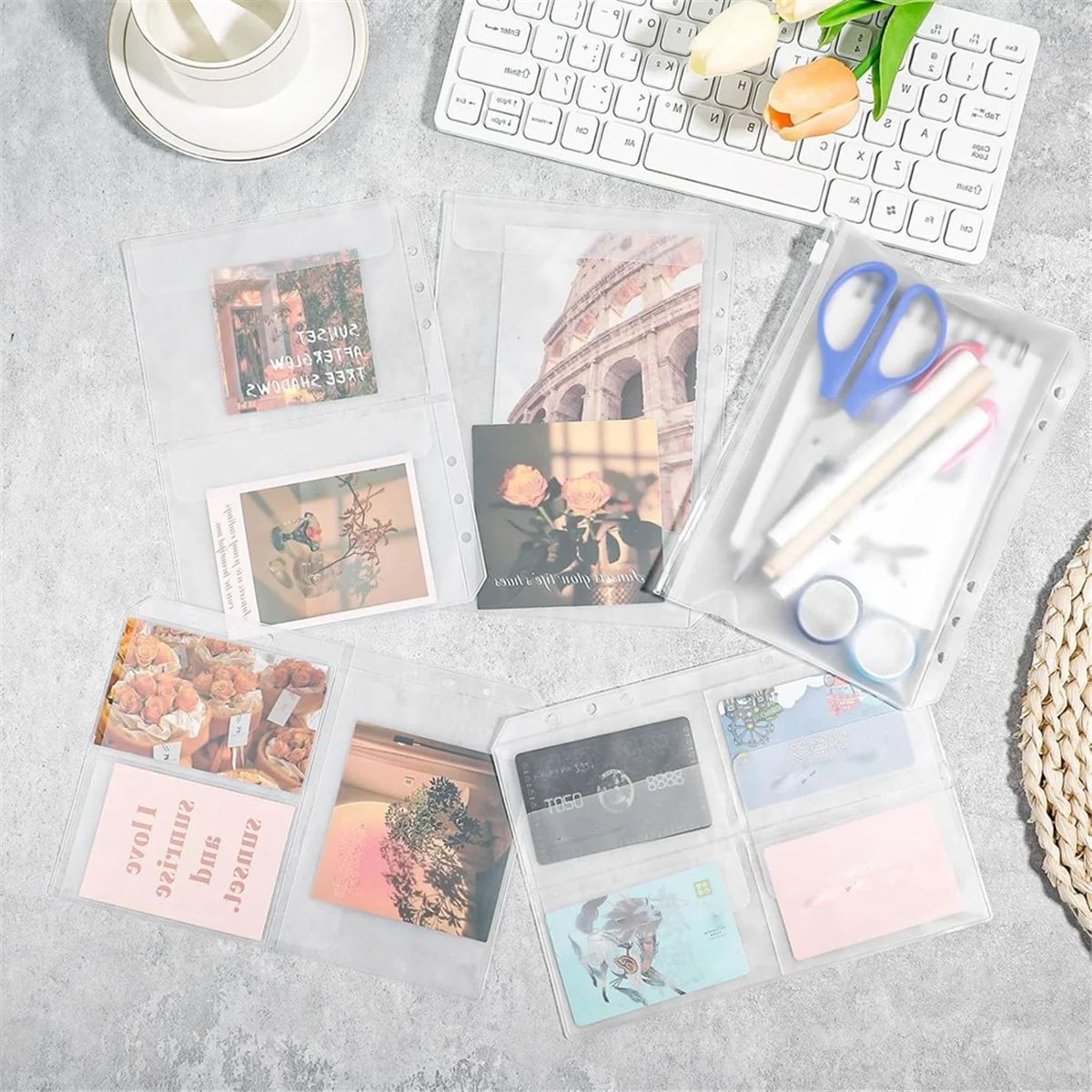 مجموعة جيب ABGV A5، 12 قطعة 6 فتحات غلاف مقاوم للماء من مادة PVC فضفاضة على شكل أوراق شجر شفافة وحقيبة مستندات بسحاب