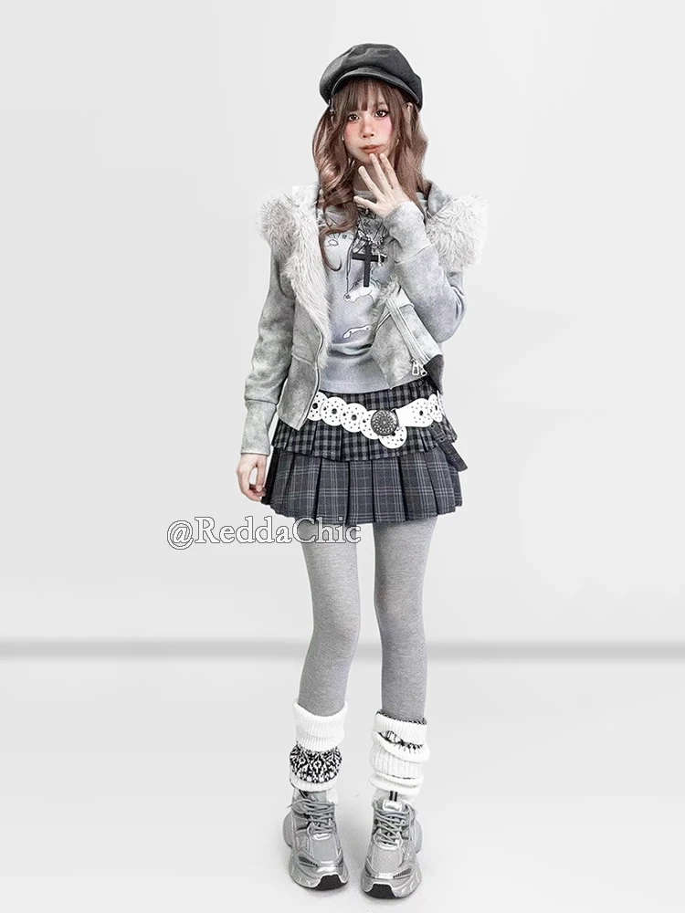 REDDACHiC منقوشة تويد تنورة صغيرة خريف شتاء منخفضة الارتفاع سلسلة الطبقات كشكش منتفخ كعكة تنورة الجرونج Acubi ملابس امرأة الموضة