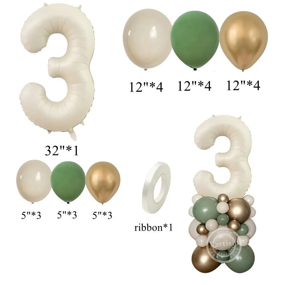 1set di palloncini verdi Beige Vintage con palloncino numero cremoso per 30 40 50 decorazioni per feste di compleanno per bambini forniture per