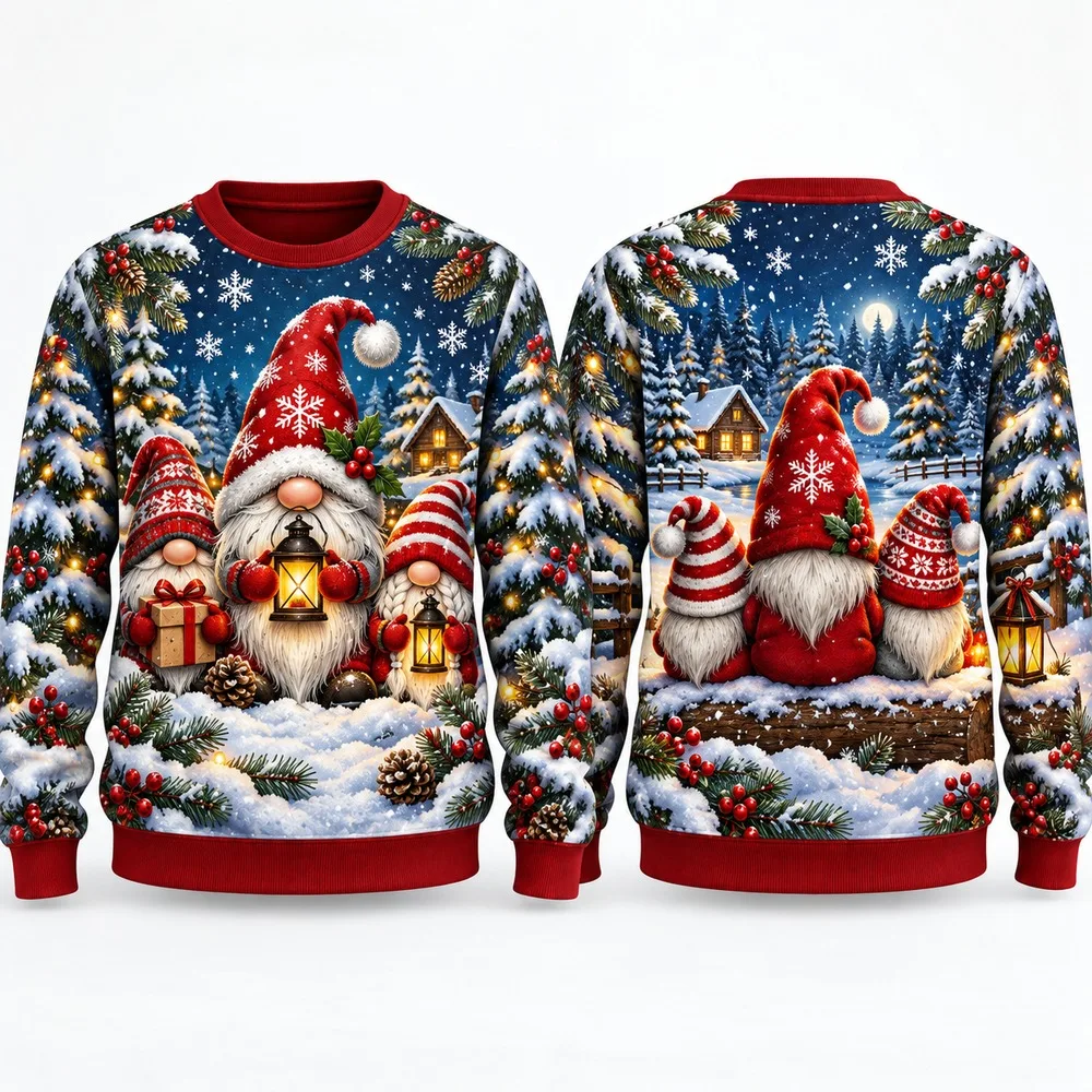 Hot Christmas Gnomes Ugly Christmas Sweater for Men Women Festive Holiday Party Crewneck Pullover Long Sleeve Funny Sweaters