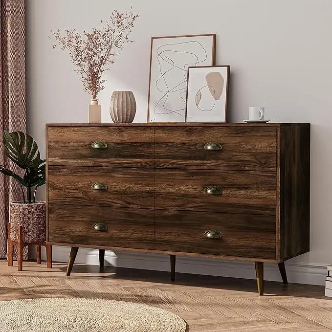 Dresser for Bedroom with 6 Drawers, Walnut Wood Dresser with Golden Handles, Mid Century Vintage Chests of Drawer Storage