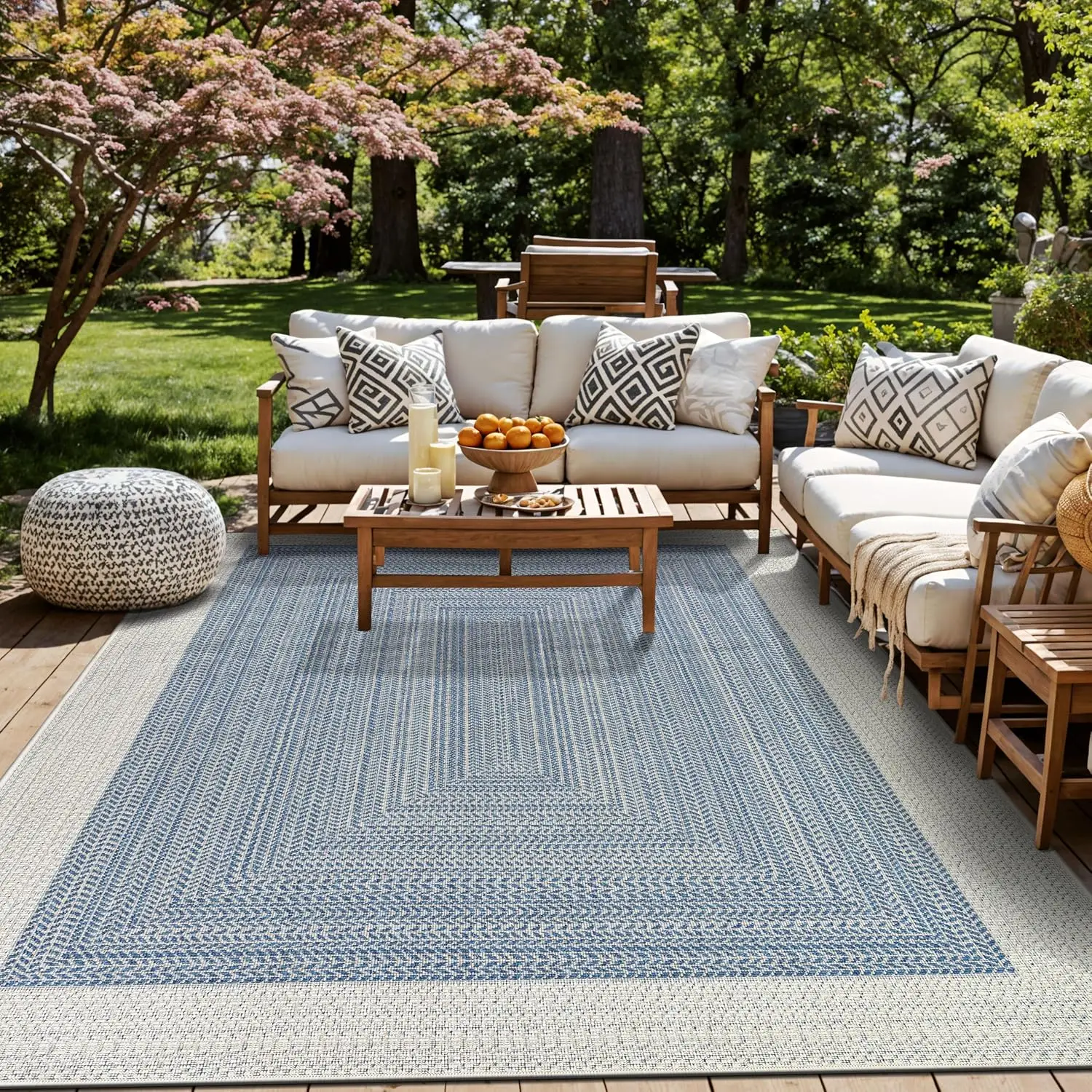 

Blue Braided Geometric Reversible Weather Resistant Indoor/Outdoor Area Rug, for Patio, Balcony and Living Room, 5' x 7'