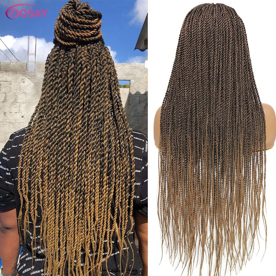 Synthetic Full Lace Senegalese Twists Braids Knotless Small Box Braided Wigs For Women 36'' Ombre Blonde Burgundy Braided Wigs