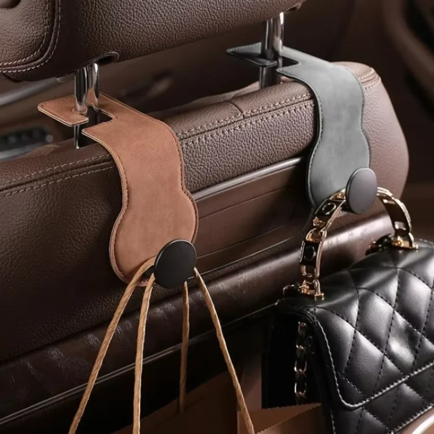 Car Headrest Hooks Black Faux Leather Vehicle Seatback Storage Small Hooks for Rear Seat Headrests Auto Organization