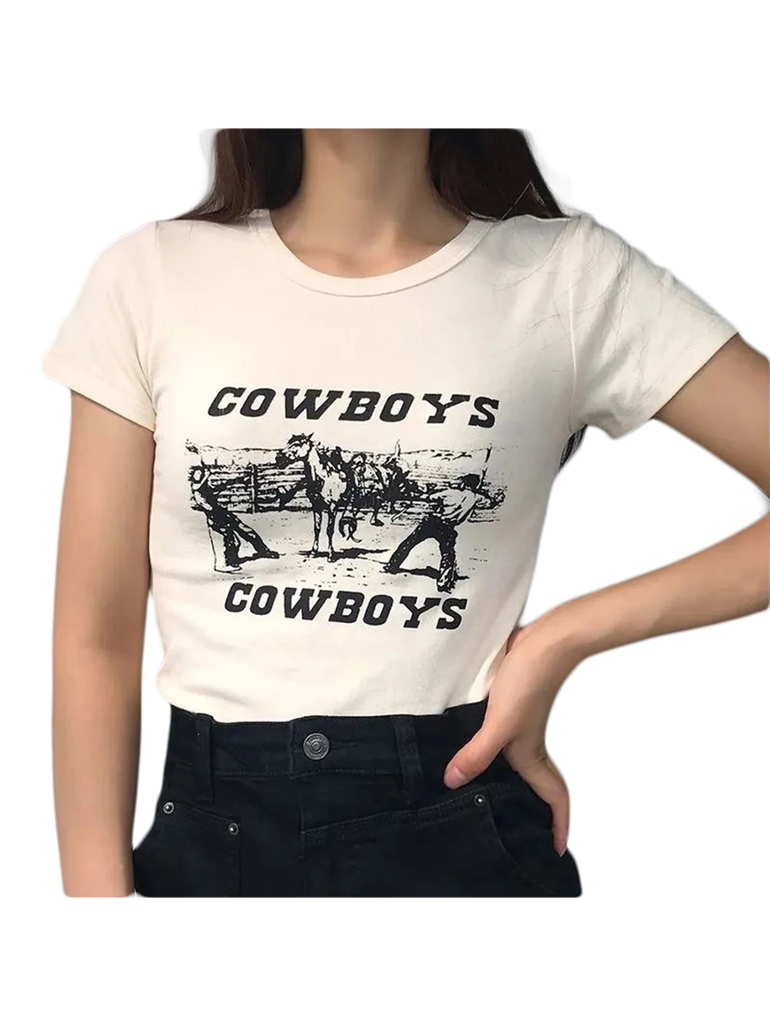 2023 y2k Women’s Casual Short Sleeve T-shirt Fashion Cowboy Letter Print Exposed Navel Pullover Tops