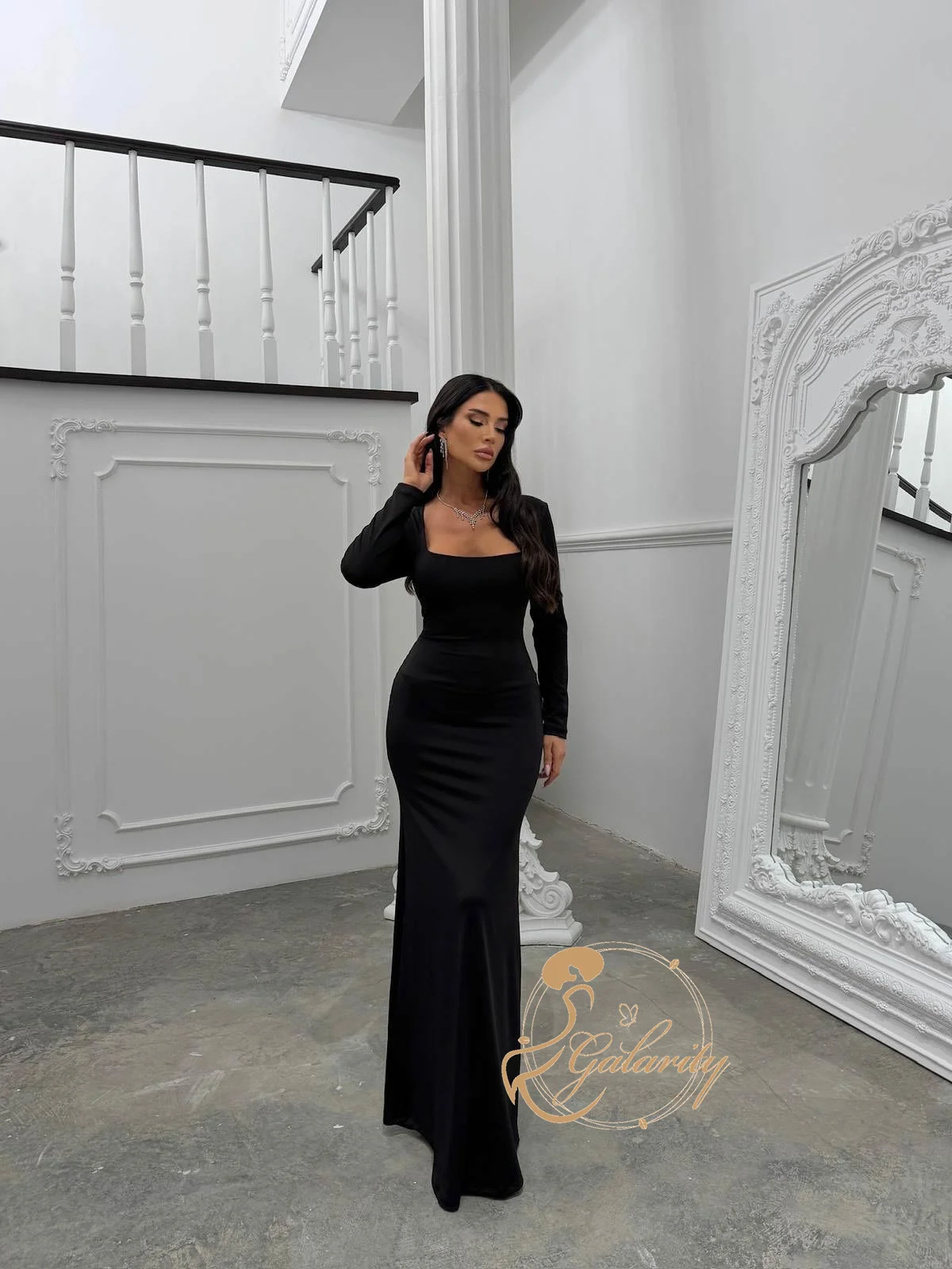 มิซิคูดส์ชุดเดรสออกงานแขนยาวสีดำ 2026 คอเหลี่ยม ผ้ารัดรูป ผูกเชือก ชุดเดรสสำหรับโอกาสพิเศษ ชุดราตรี ชุดงานเลี้ยง แบบสั่งตัด