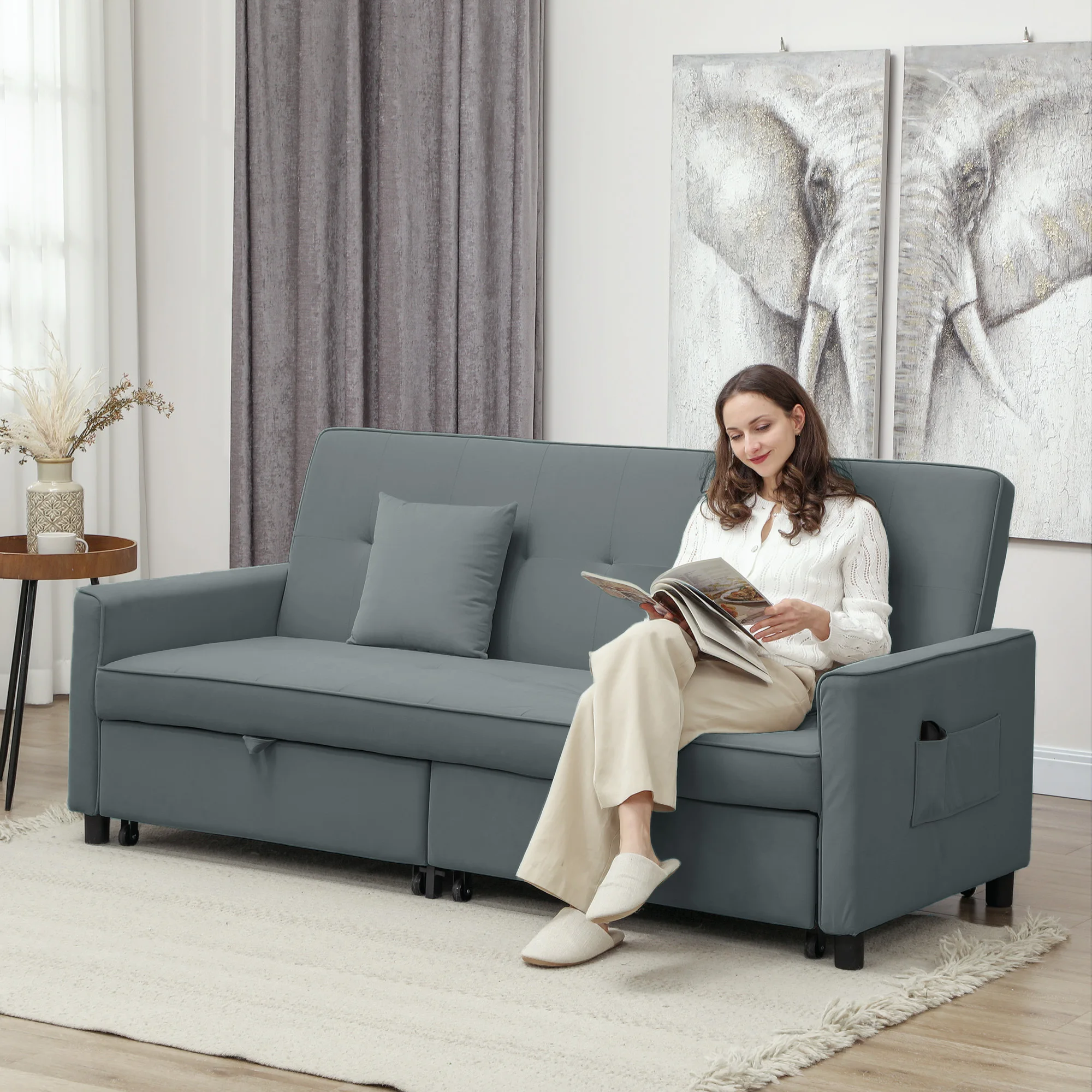 HOMCOM Schlafsofa 3-in-1 Klappbares 3-Sitzer Sofa 196x90cm mit Schlaffunktion, Verstellbare Rückenlehne, Umkehrbare Ecksofa mit Wurfkissen, Samtoptik, Couch für Wohnzimmer, Schlafzimmer Grau