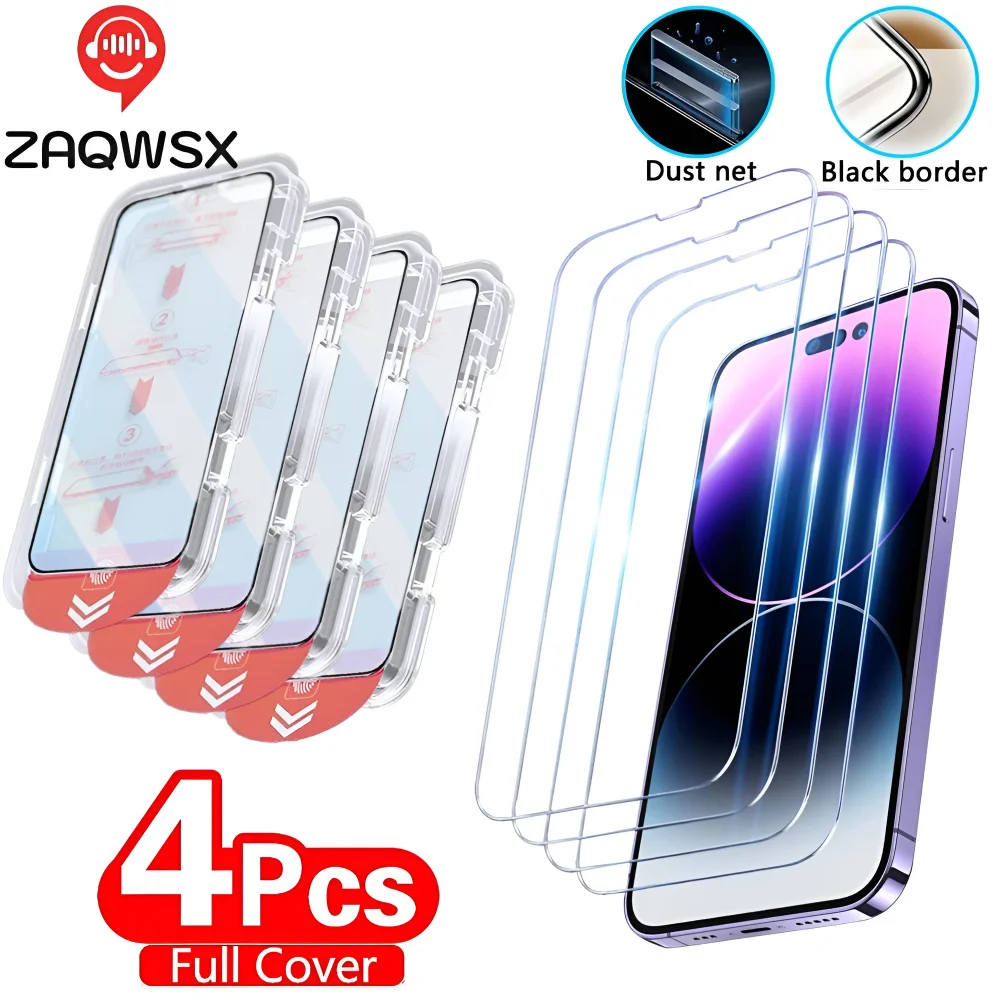 4 Pcs HD Oleophobic Coating Dust Free Installation Screen Protector for IPhone 11 12 13 14 15 Pro Max X XS MAX Tempered Glass