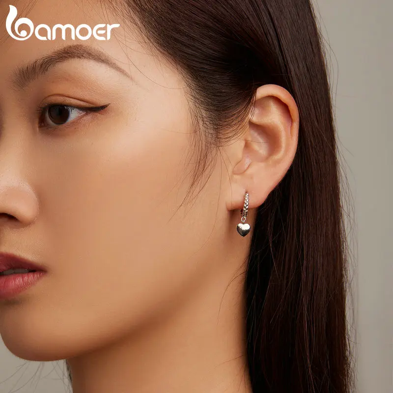 Bamoer-pendientes de plata de ley 925 con textura trenzada para mujer, aretes colgantes con forma de corazón, joyería fina, BSE715